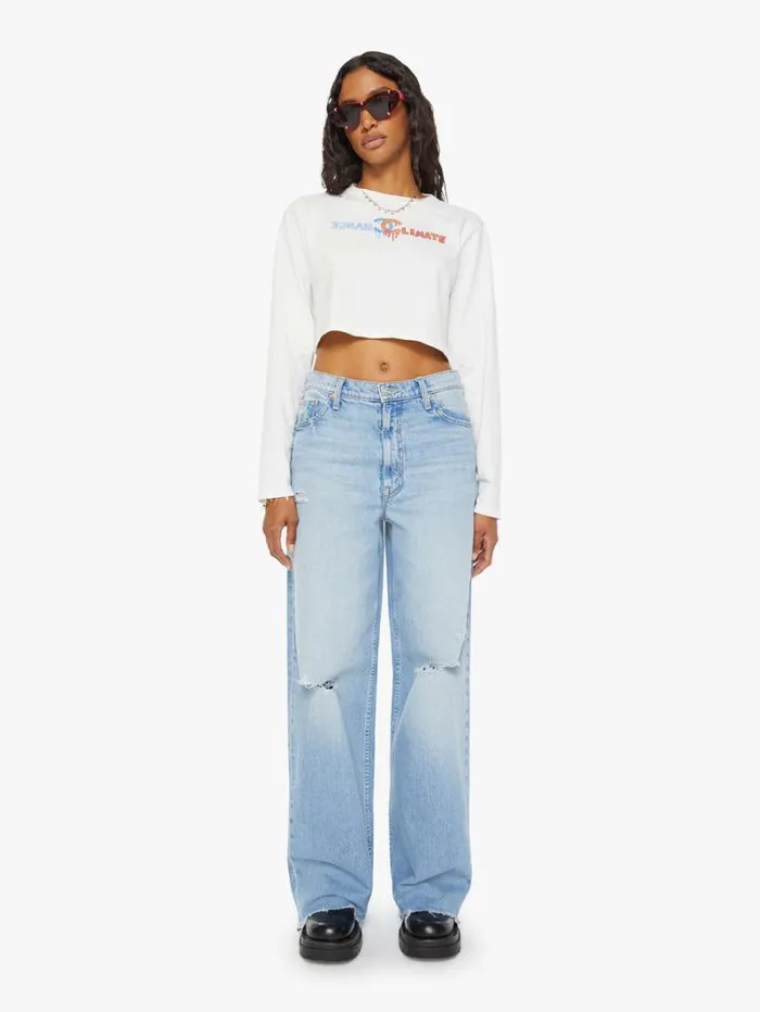 Women Mother Denim Climate Change Long Sleeve Crop Tee White
