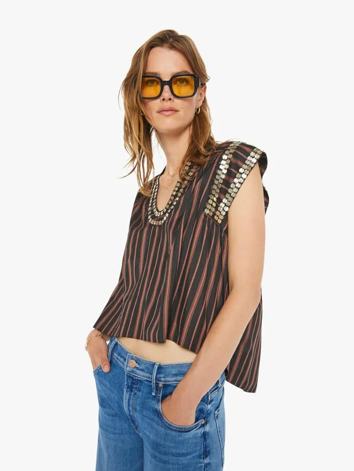 Women Mother Denim Nehru Stripe Coin Top Clove