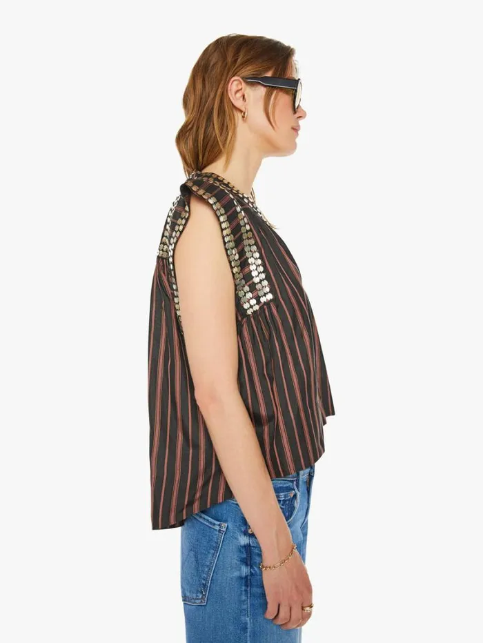 Women Mother Denim Nehru Stripe Coin Top Clove