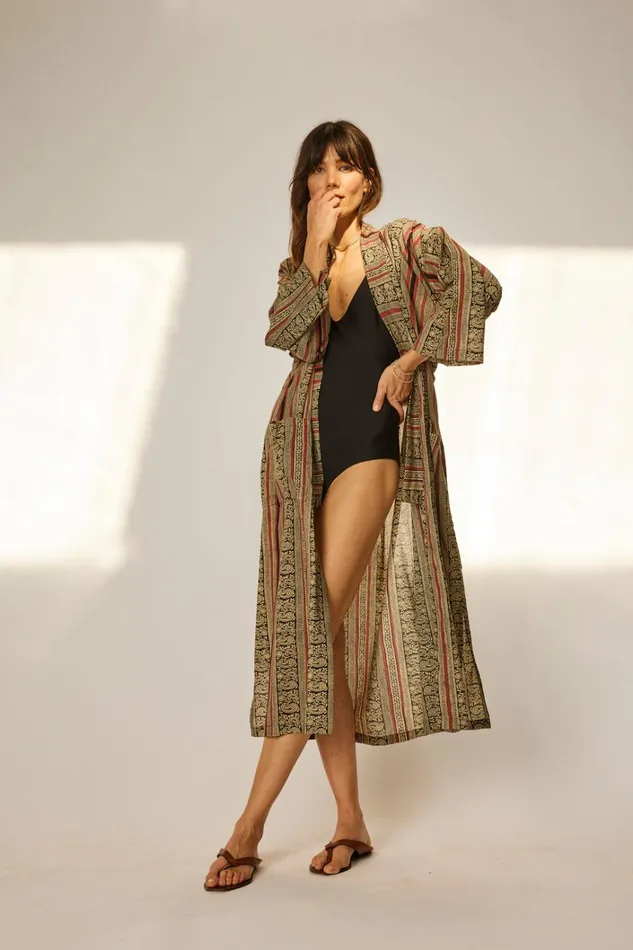 Women Natalie Martin CoverUps Diane Smoking Jacket Paisley Stripe Black