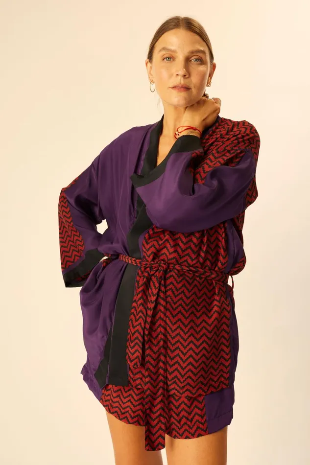 Women Natalie Martin CoverUps Saylor Kimono Block Zigzag Aubergine