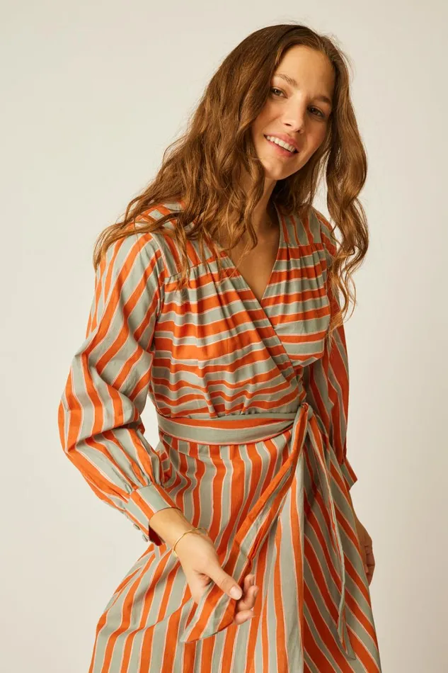 Women Natalie Martin Dresses Kate Long Sleeve Maxi Batik Stripe Sage
