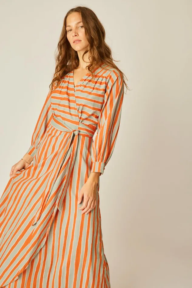Women Natalie Martin Dresses Kate Long Sleeve Maxi Batik Stripe Sage