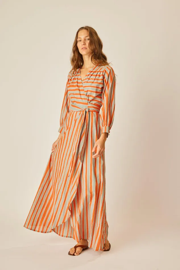 Women Natalie Martin Dresses Kate Long Sleeve Maxi Batik Stripe Sage