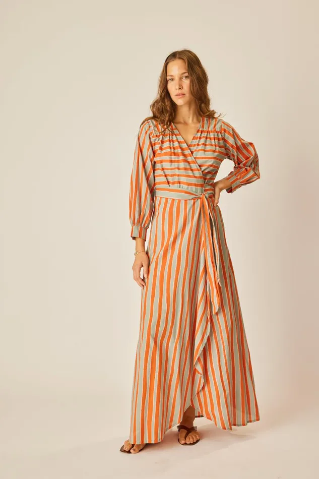 Women Natalie Martin Dresses Kate Long Sleeve Maxi Batik Stripe Sage