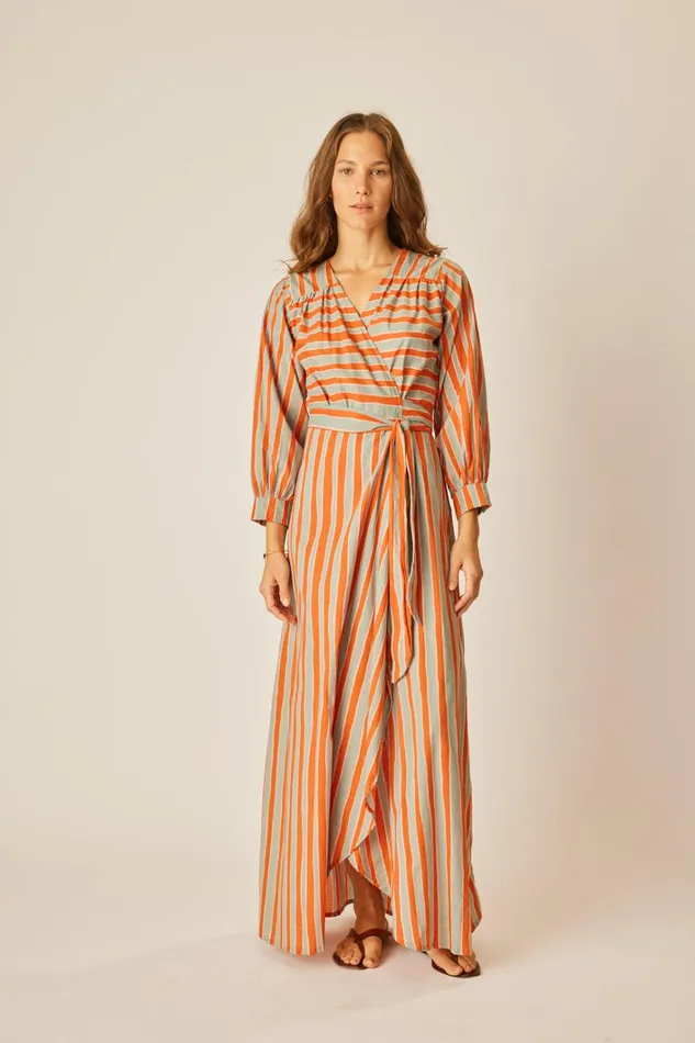 Women Natalie Martin Dresses Kate Long Sleeve Maxi Batik Stripe Sage