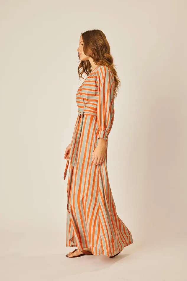 Women Natalie Martin Dresses Kate Long Sleeve Maxi Batik Stripe Sage