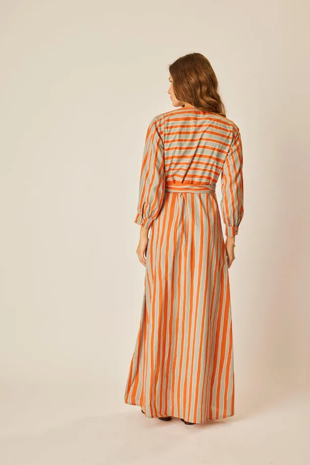 Women Natalie Martin Dresses Kate Long Sleeve Maxi Batik Stripe Sage