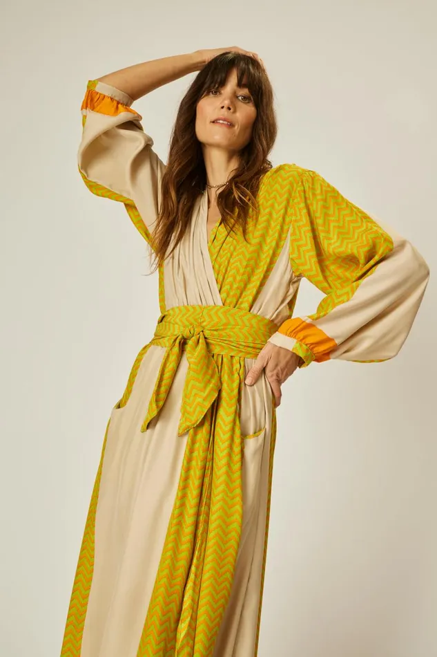 Women Natalie Martin Dresses Nico LS Maxi With Sash Block Zigzag Tangerine