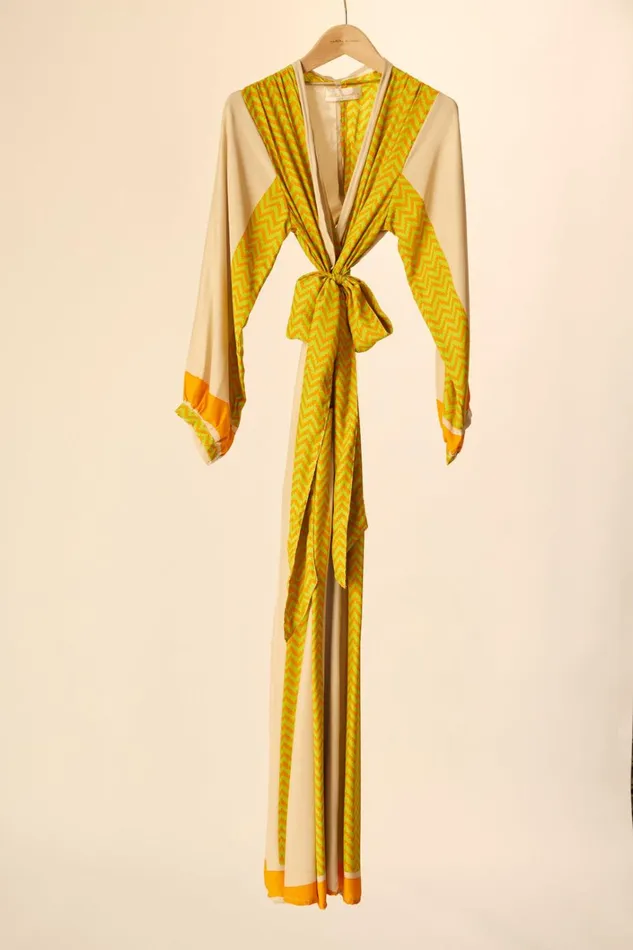 Women Natalie Martin Dresses Nico LS Maxi With Sash Block Zigzag Tangerine