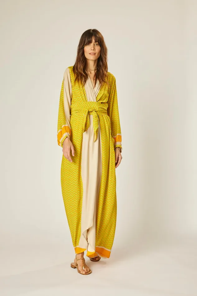Women Natalie Martin Dresses Nico LS Maxi With Sash Block Zigzag Tangerine