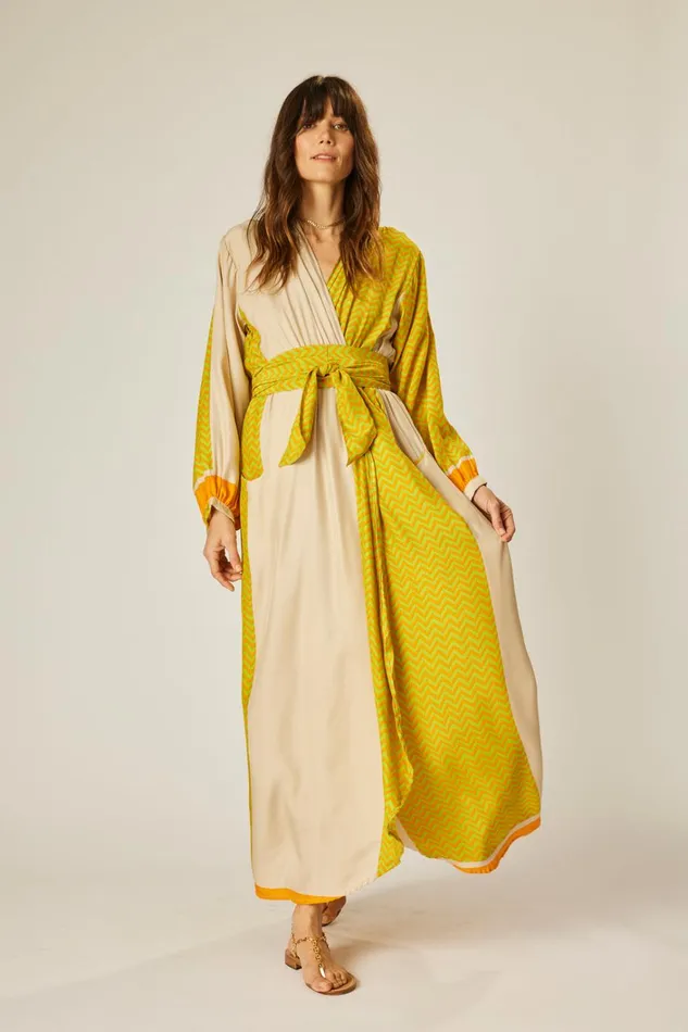 Women Natalie Martin Dresses Nico LS Maxi With Sash Block Zigzag Tangerine
