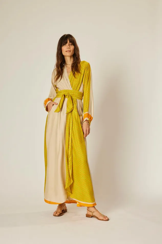 Women Natalie Martin Dresses Nico LS Maxi With Sash Block Zigzag Tangerine