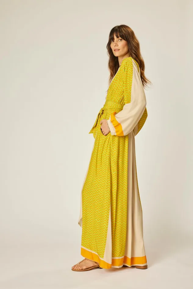 Women Natalie Martin Dresses Nico LS Maxi With Sash Block Zigzag Tangerine