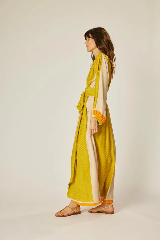 Women Natalie Martin Dresses Nico LS Maxi With Sash Block Zigzag Tangerine
