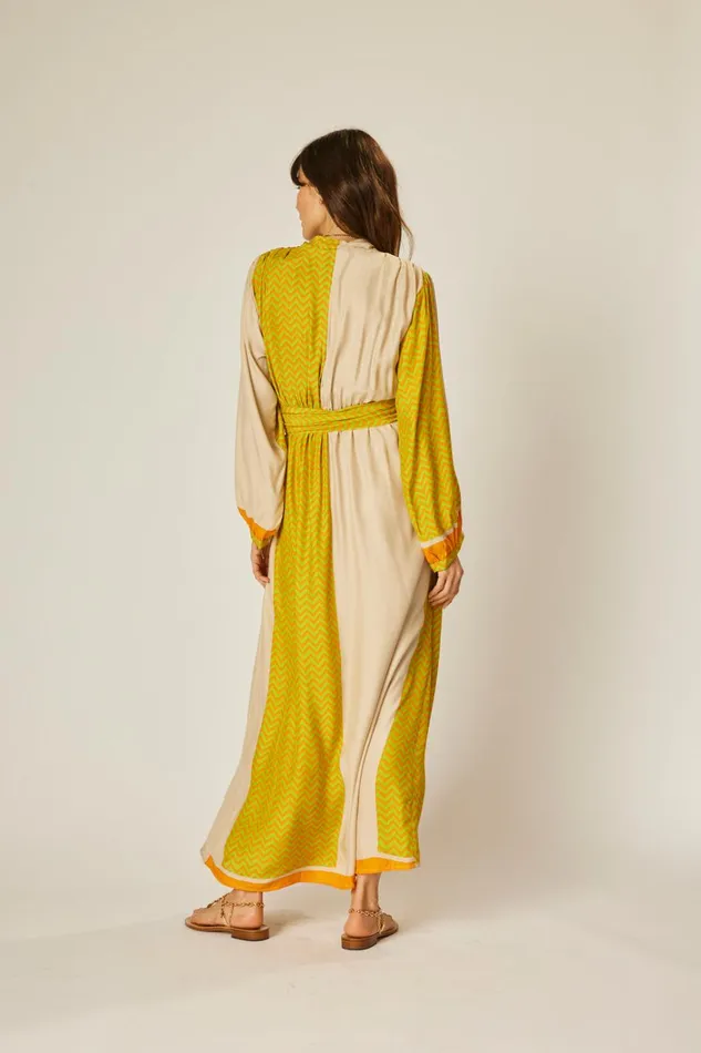 Women Natalie Martin Dresses Nico LS Maxi With Sash Block Zigzag Tangerine