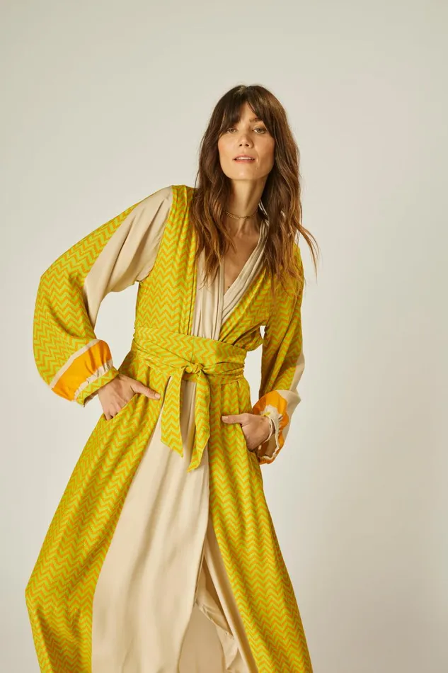 Women Natalie Martin Dresses Nico LS Maxi With Sash Block Zigzag Tangerine