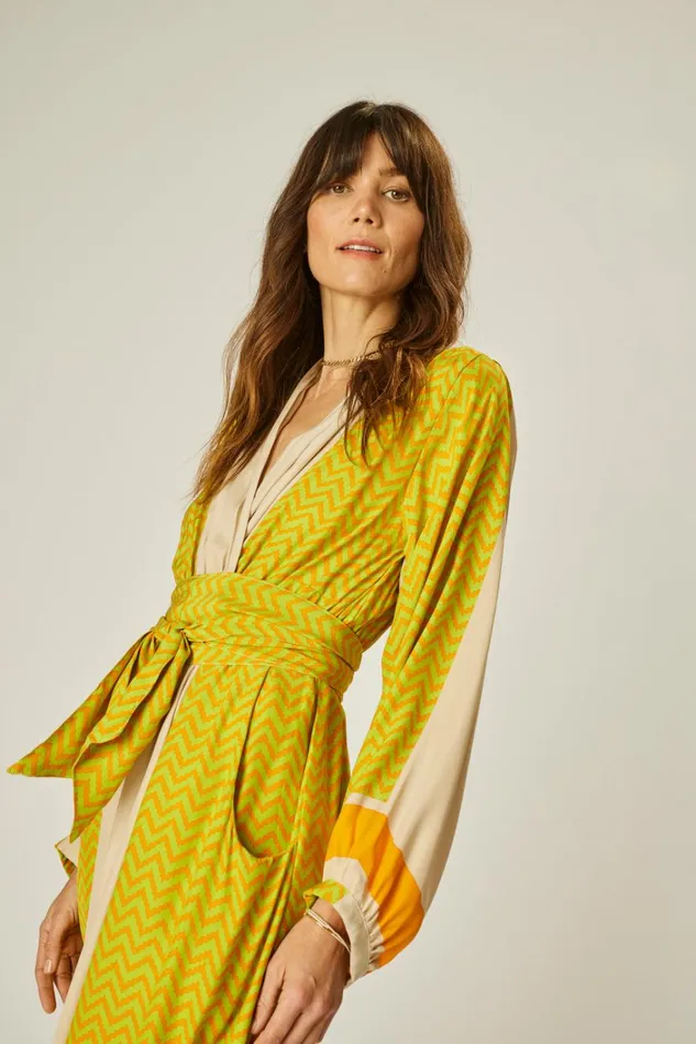 Women Natalie Martin Dresses Nico LS Maxi With Sash Block Zigzag Tangerine