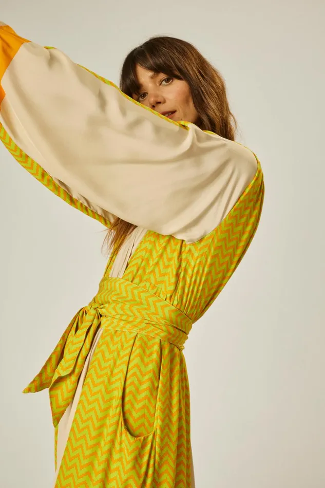 Women Natalie Martin Dresses Nico LS Maxi With Sash Block Zigzag Tangerine