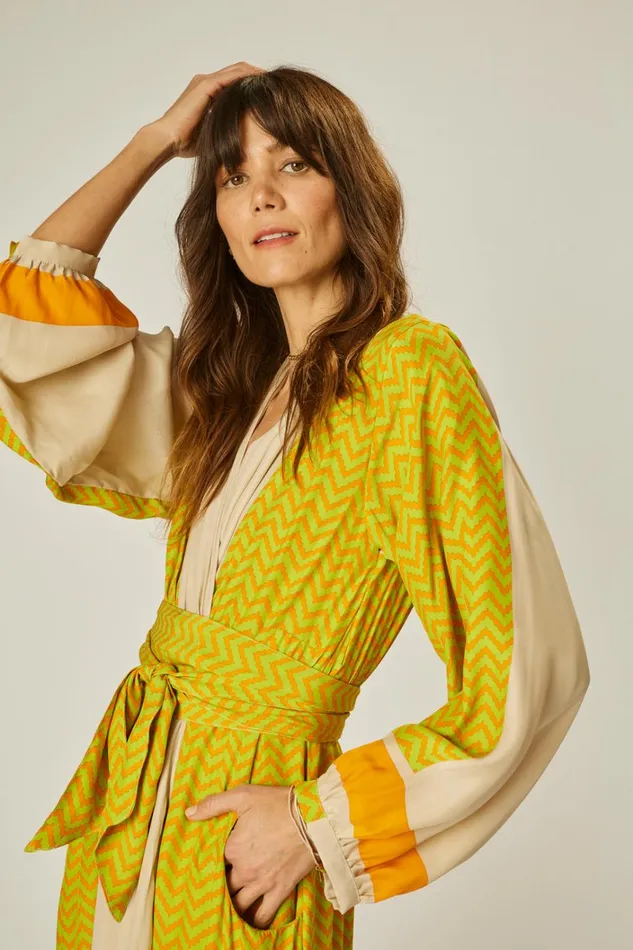 Women Natalie Martin Dresses Nico LS Maxi With Sash Block Zigzag Tangerine