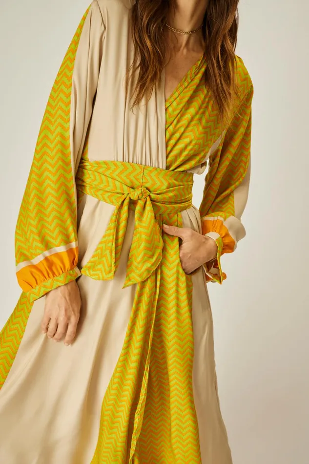 Women Natalie Martin Dresses Nico LS Maxi With Sash Block Zigzag Tangerine