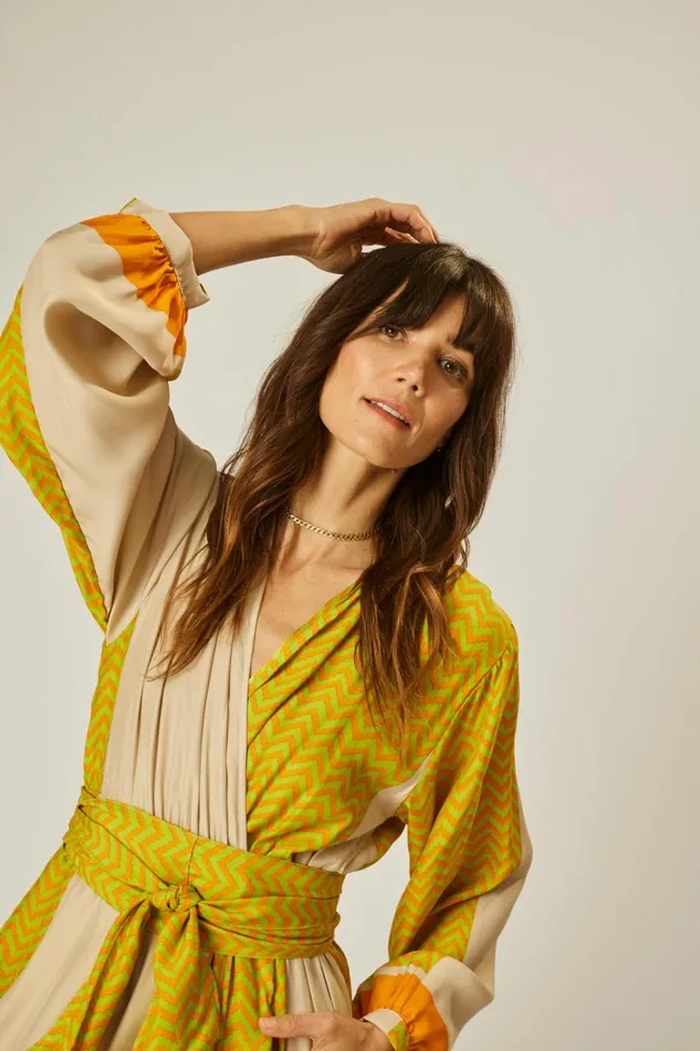 Women Natalie Martin Dresses Nico LS Maxi With Sash Block Zigzag Tangerine