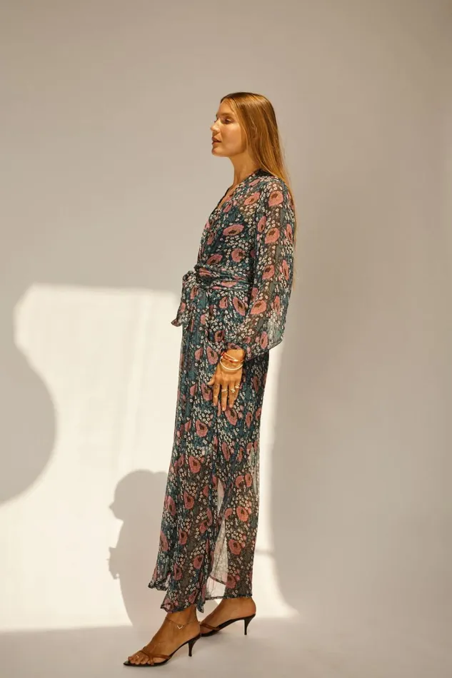 Women Natalie Martin Dresses Nico LS Maxi With Sash Vintage Flowers Indigo