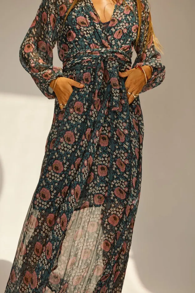 Women Natalie Martin Dresses Nico LS Maxi With Sash Vintage Flowers Indigo