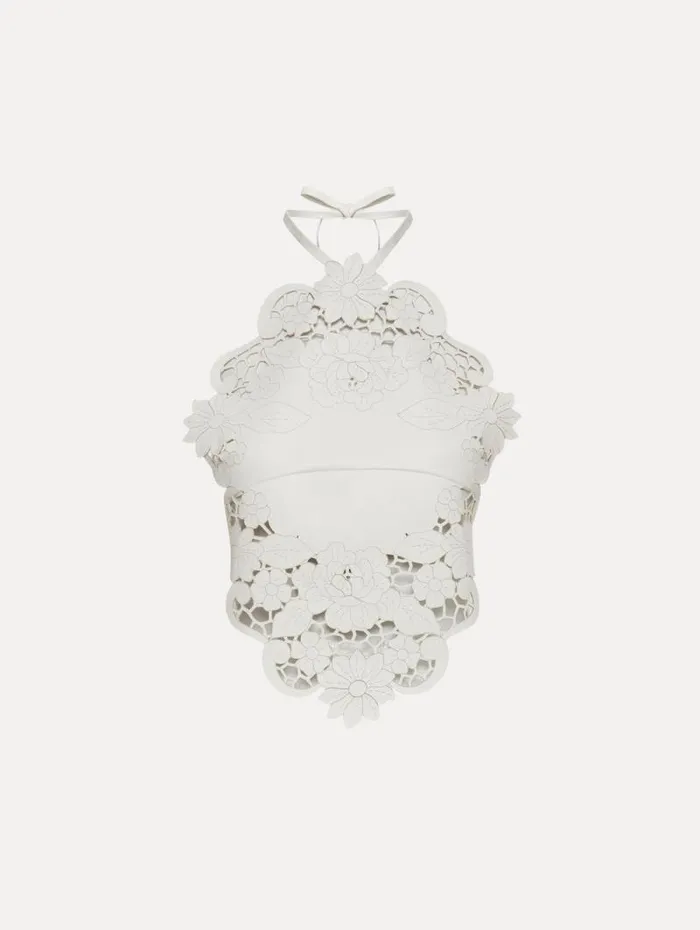 Women Oscar De La Renta Blouses and Knits Laser Cut Floral Leather Halter Top White