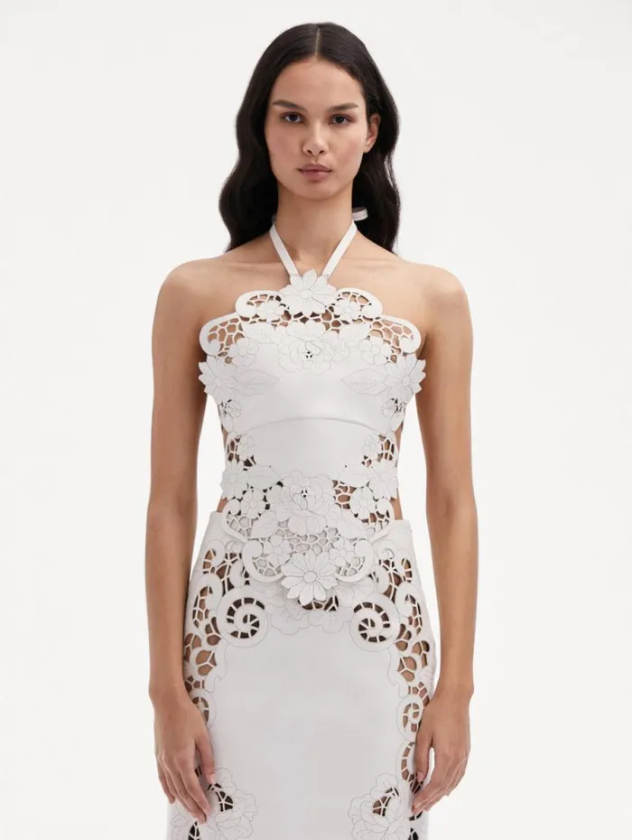 Women Oscar De La Renta Blouses and Knits Laser Cut Floral Leather Halter Top White
