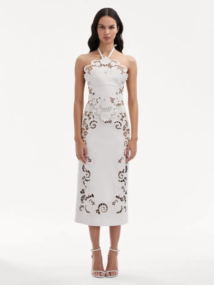 Women Oscar De La Renta Blouses and Knits Laser Cut Floral Leather Halter Top White
