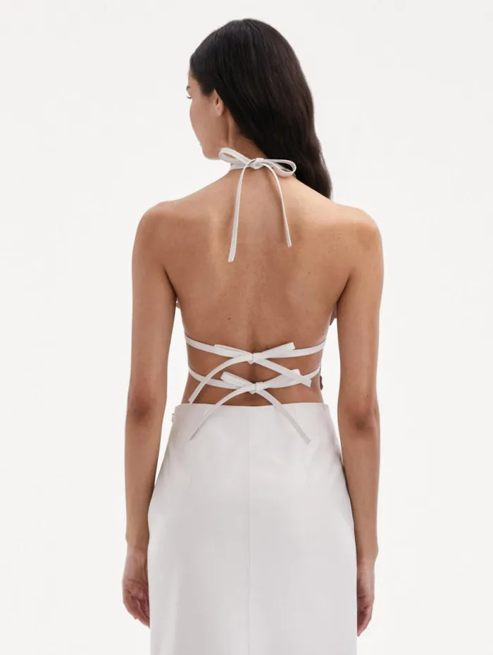 Women Oscar De La Renta Blouses and Knits Laser Cut Floral Leather Halter Top White