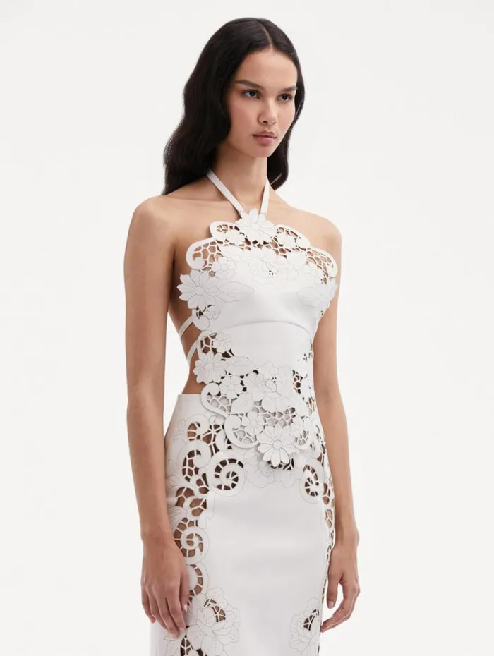Women Oscar De La Renta Blouses and Knits Laser Cut Floral Leather Halter Top White
