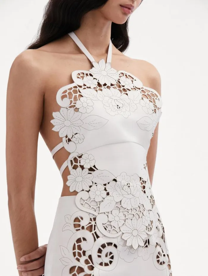 Women Oscar De La Renta Blouses and Knits Laser Cut Floral Leather Halter Top White