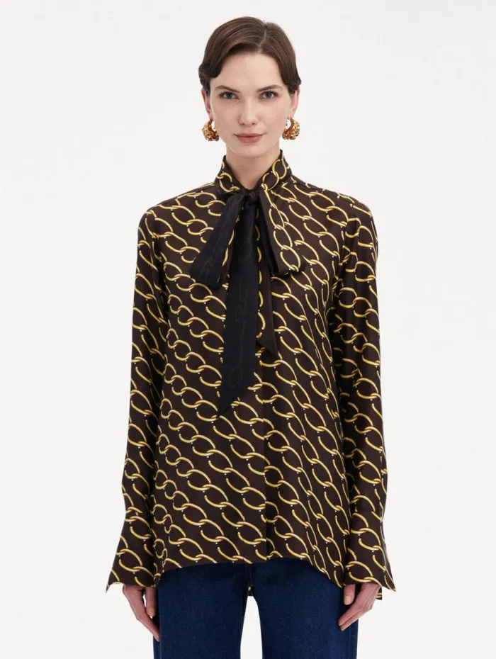 Women Oscar De La Renta Blouses and Knits Oscar ChainLink Silk Twill Blouse Cafe Gold Women Oscar De La Renta Blouses and Knits Oscar ChainLink Silk Twill Blouse Cafe Gold