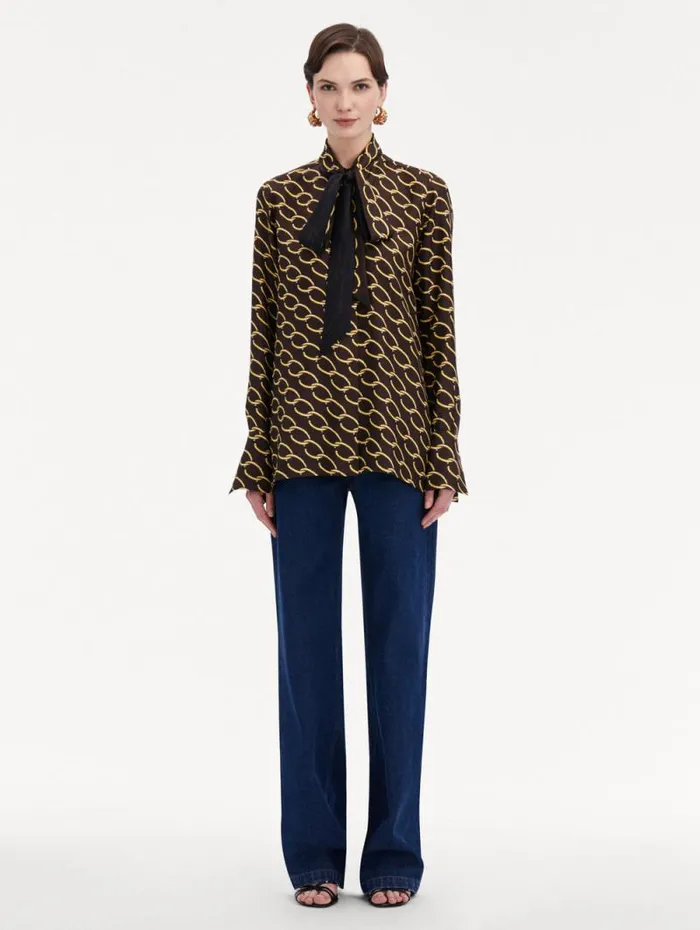 Women Oscar De La Renta Blouses and Knits Oscar ChainLink Silk Twill Blouse Cafe Gold Women Oscar De La Renta Blouses and Knits Oscar ChainLink Silk Twill Blouse Cafe Gold
