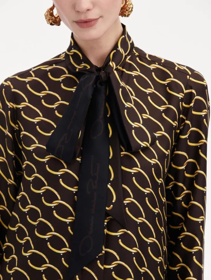 Women Oscar De La Renta Blouses and Knits Oscar ChainLink Silk Twill Blouse Cafe Gold Women Oscar De La Renta Blouses and Knits Oscar ChainLink Silk Twill Blouse Cafe Gold