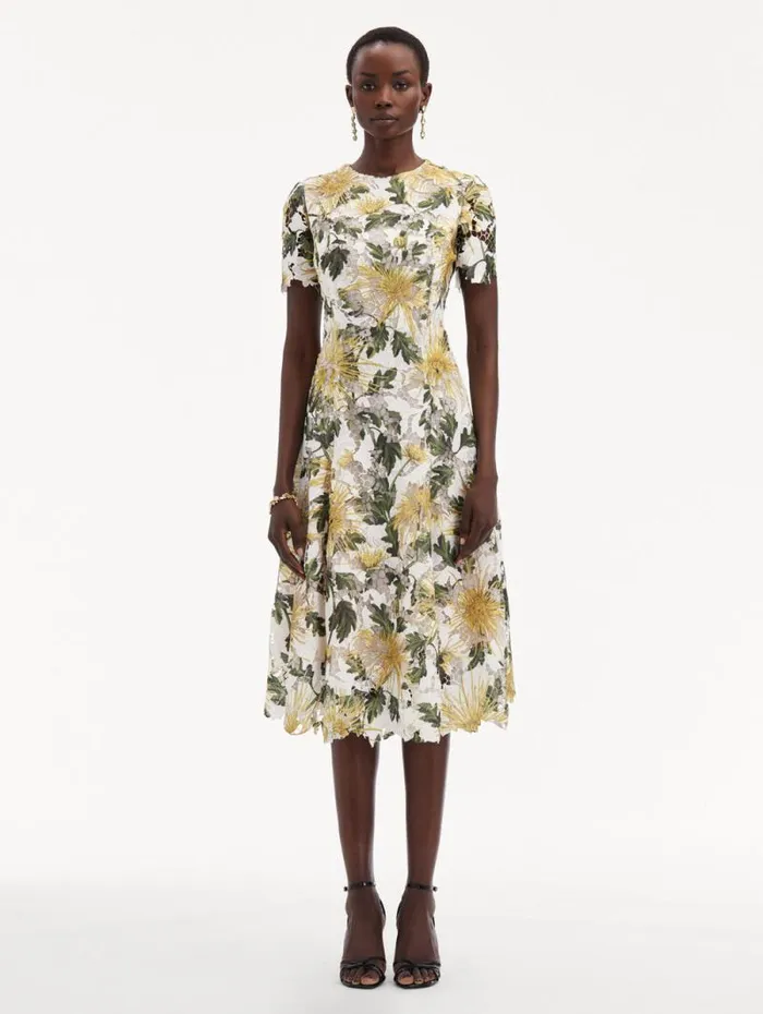 Women Oscar De La Renta Dresses Chrysanthemum Guipure Dress Yellow Ivory Women Oscar De La Renta Dresses Chrysanthemum Guipure Dress Yellow Ivory