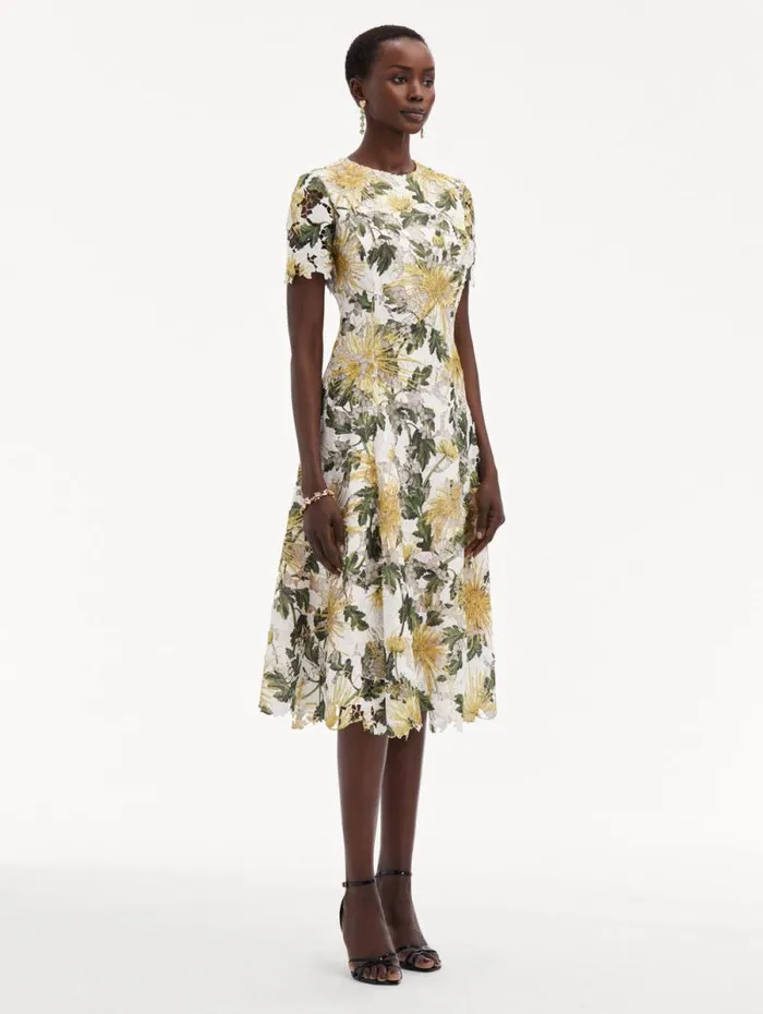 Women Oscar De La Renta Dresses Chrysanthemum Guipure Dress Yellow Ivory Women Oscar De La Renta Dresses Chrysanthemum Guipure Dress Yellow Ivory