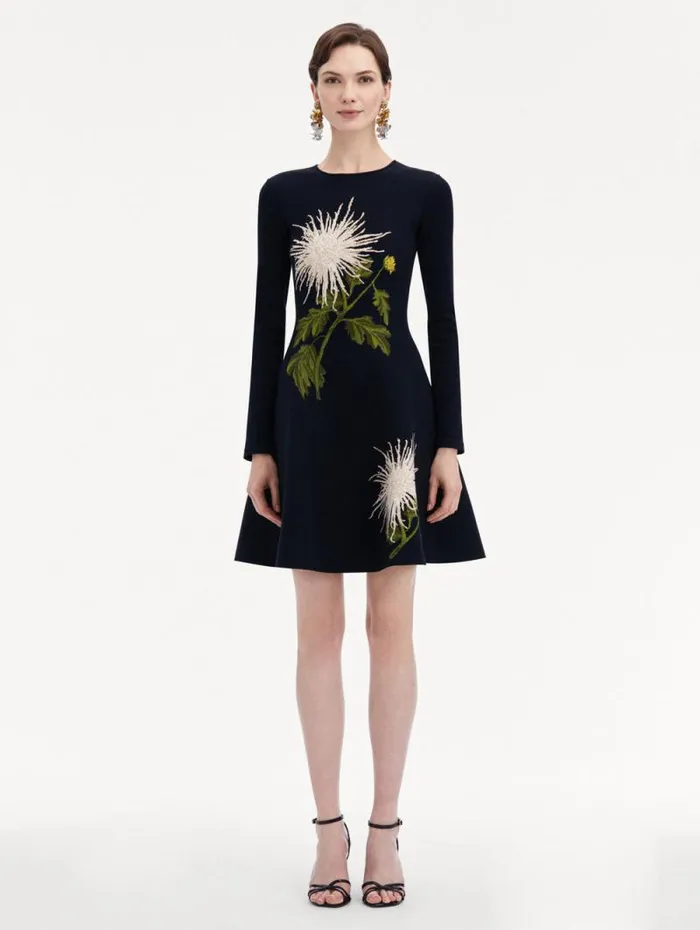 Women Oscar De La Renta Dresses Chrysanthemum Jacquard Long Sleeve Dress White Navy Women Oscar De La Renta Dresses Chrysanthemum Jacquard Long Sleeve Dress White Navy