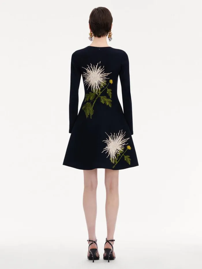 Women Oscar De La Renta Dresses Chrysanthemum Jacquard Long Sleeve Dress White Navy Women Oscar De La Renta Dresses Chrysanthemum Jacquard Long Sleeve Dress White Navy