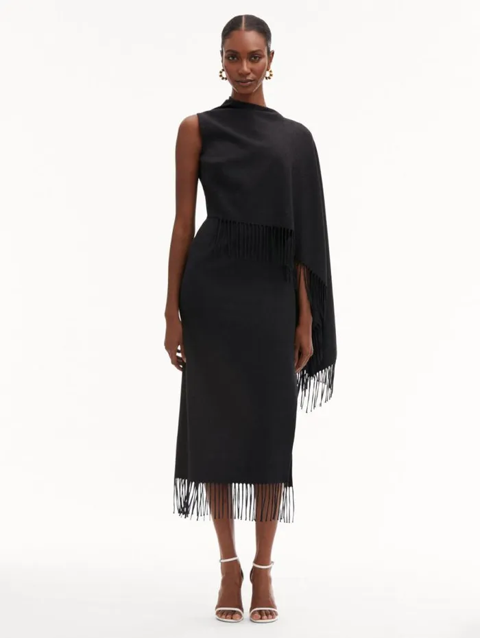Women Oscar De La Renta Dresses Fringed Cape Midi Dress Anthracite Women Oscar De La Renta Dresses Fringed Cape Midi Dress Anthracite