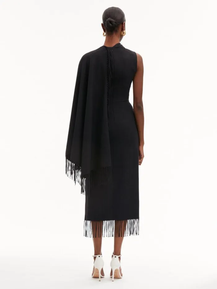 Women Oscar De La Renta Dresses Fringed Cape Midi Dress Anthracite Women Oscar De La Renta Dresses Fringed Cape Midi Dress Anthracite