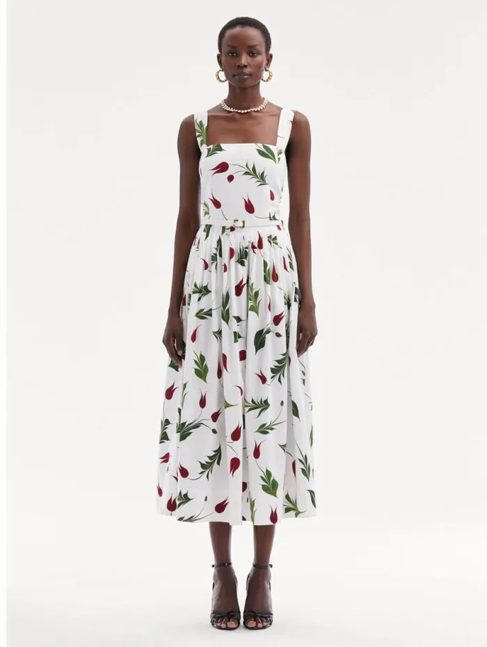 Women Oscar De La Renta Dresses Marbled Tulip Cotton Poplin Dress White Multi Women Oscar De La Renta Dresses Marbled Tulip Cotton Poplin Dress White Multi