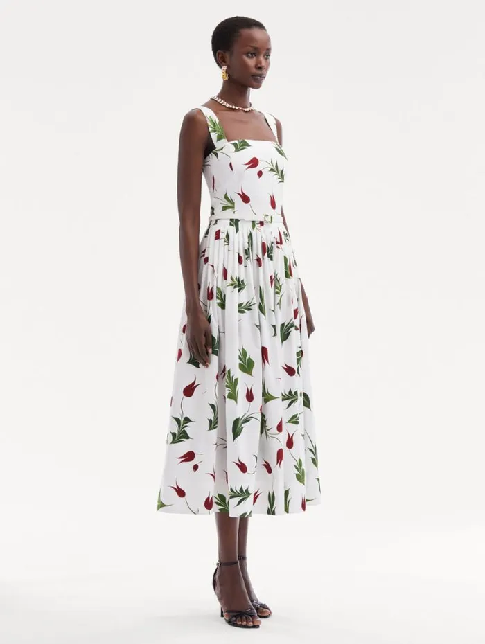 Women Oscar De La Renta Dresses Marbled Tulip Cotton Poplin Dress White Multi Women Oscar De La Renta Dresses Marbled Tulip Cotton Poplin Dress White Multi