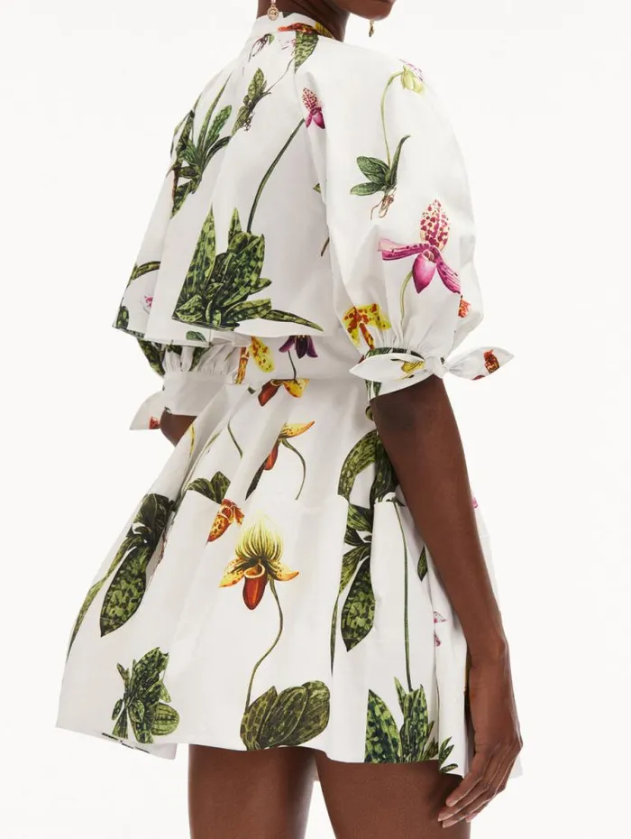 Women Oscar De La Renta Dresses Orchid Cotton Poplin Puff Sleeve Dress White Multi Women Oscar De La Renta Dresses Orchid Cotton Poplin Puff Sleeve Dress White Multi