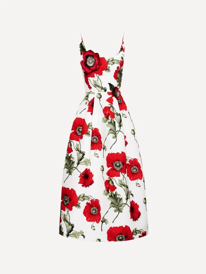 Women Oscar De La Renta Dresses Poppy Embroidered Scoop Neck Dress White Red