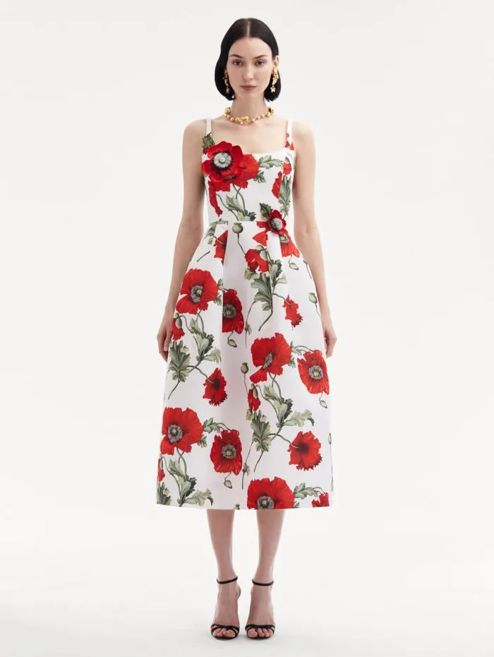 Women Oscar De La Renta Dresses Poppy Embroidered Scoop Neck Dress White Red Women Oscar De La Renta Dresses Poppy Embroidered Scoop Neck Dress White Red