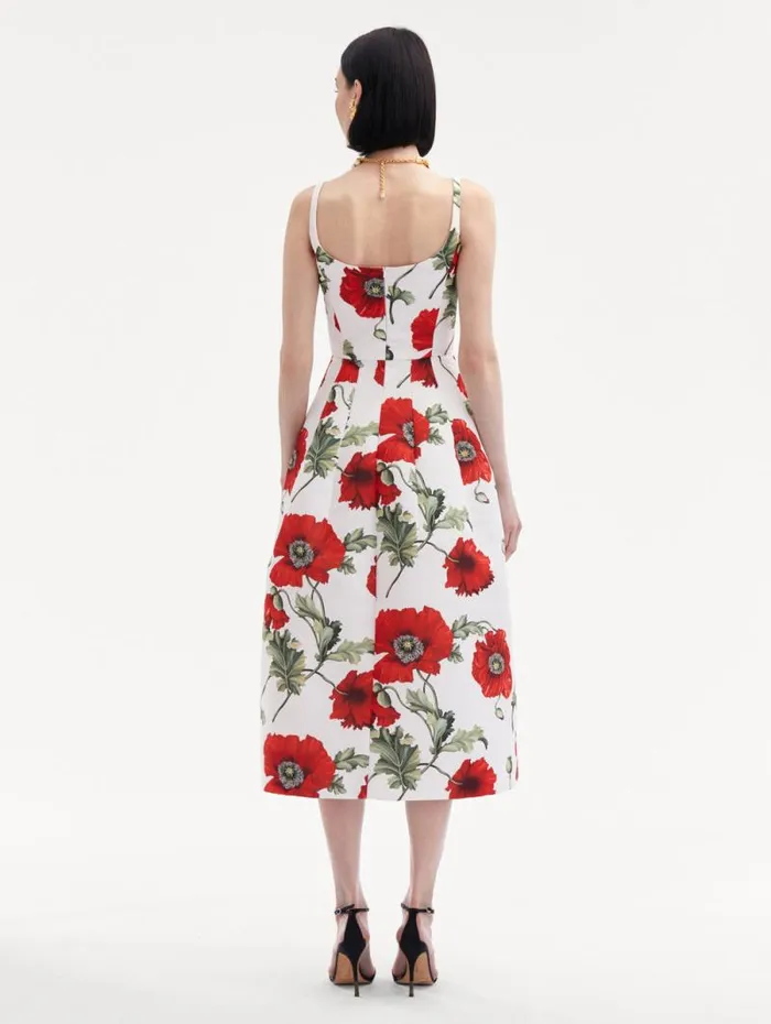 Women Oscar De La Renta Dresses Poppy Embroidered Scoop Neck Dress White Red Women Oscar De La Renta Dresses Poppy Embroidered Scoop Neck Dress White Red