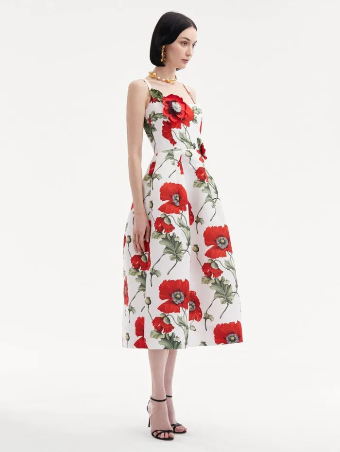 Women Oscar De La Renta Dresses Poppy Embroidered Scoop Neck Dress White Red Women Oscar De La Renta Dresses Poppy Embroidered Scoop Neck Dress White Red